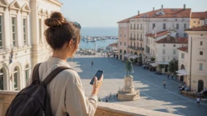 Traveller checking directions above Tartini Square in Piran.