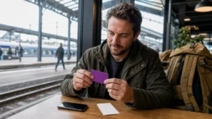 Traveller examining a purple prepaid SIM card at a Kraków railway station.