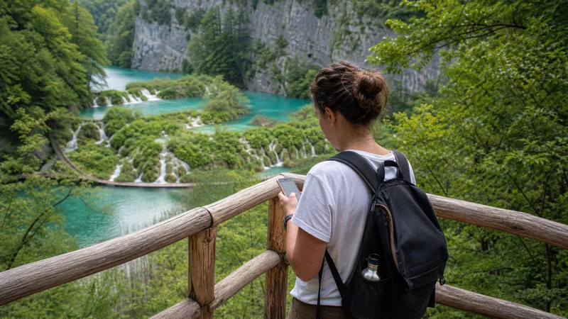 Traveller checking a phone at a Plitvice Lakes overlook.