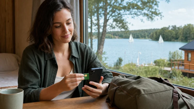 Traveller setting up a green prepaid SIM card near Poland's Masurian Lakes.