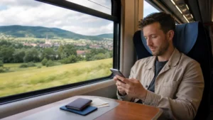 Traveller checking an eSIM during a rail journey between Poland and the Czech Republic.