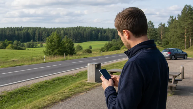 Traveller checking an eSIM during a road journey between Poland and Lithuania.