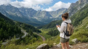 Traveller checking mobile data near a Poland and Slovakia mountain route.