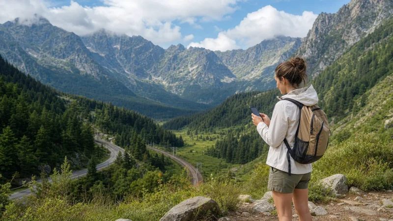 Traveller checking mobile data near a Poland and Slovakia mountain route.