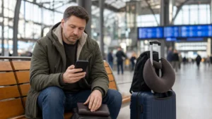 Traveller reviewing mobile data and travel documents before a Poland and Ukraine journey.