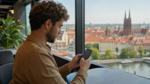 Traveller configuring a Poland eSIM on an Android-style smartphone in Wrocław.
