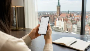 Traveller reviewing Poland eSIM APN settings in a Gdańsk hotel.