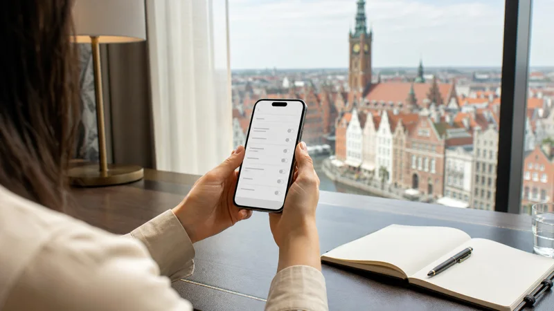 Traveller reviewing Poland eSIM APN settings in a Gdańsk hotel.