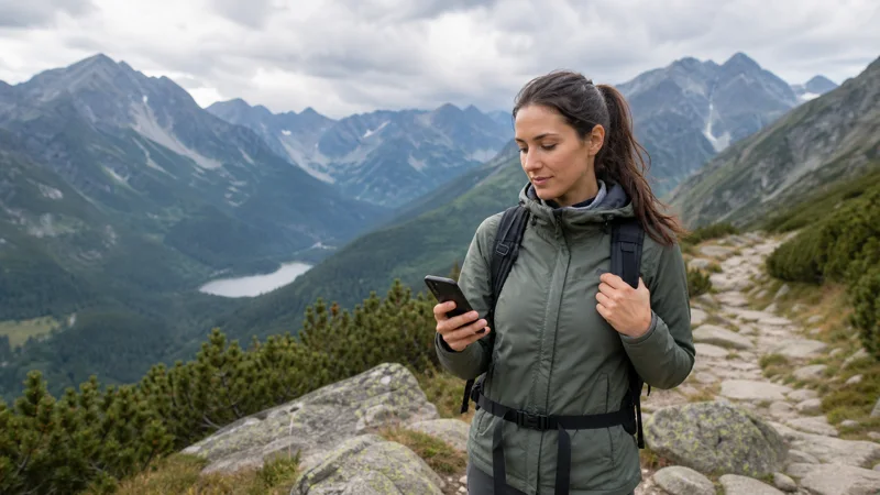 Traveller checking eSIM coverage on a trail in Poland's Tatra Mountains.