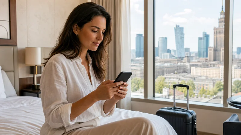 Traveller configuring a Poland eSIM on an iPhone-style smartphone in Warsaw.