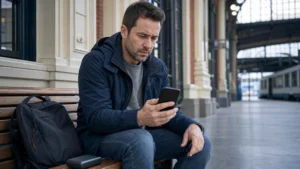 Traveller troubleshooting a Poland eSIM at a railway station in Łódź.