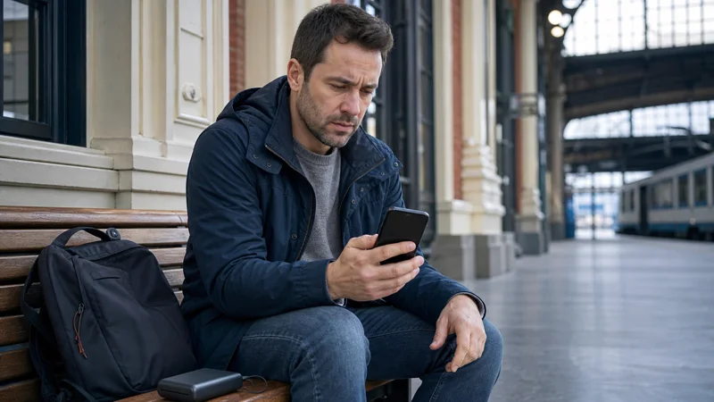 Traveller troubleshooting a Poland eSIM at a railway station in Łódź.