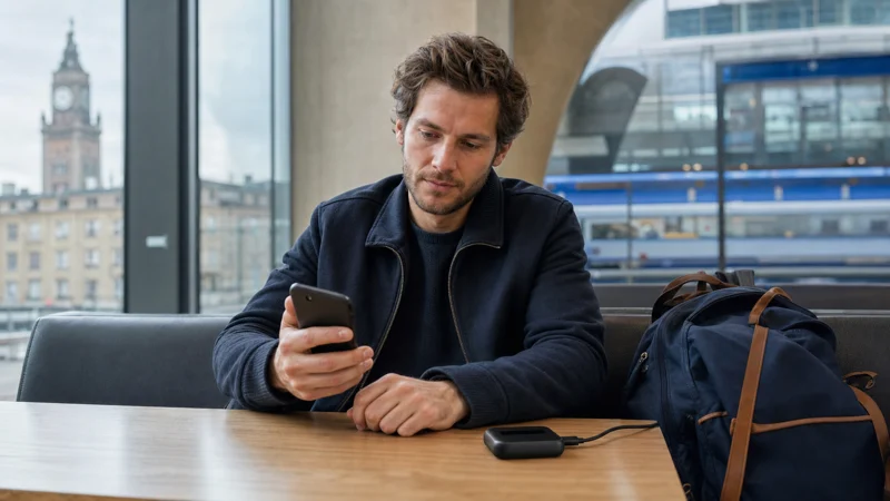 Traveller comparing a smartphone and pocket WiFi device at a Polish railway station.