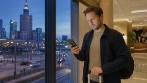 Traveller checking roaming information after arriving in Warsaw Poland.