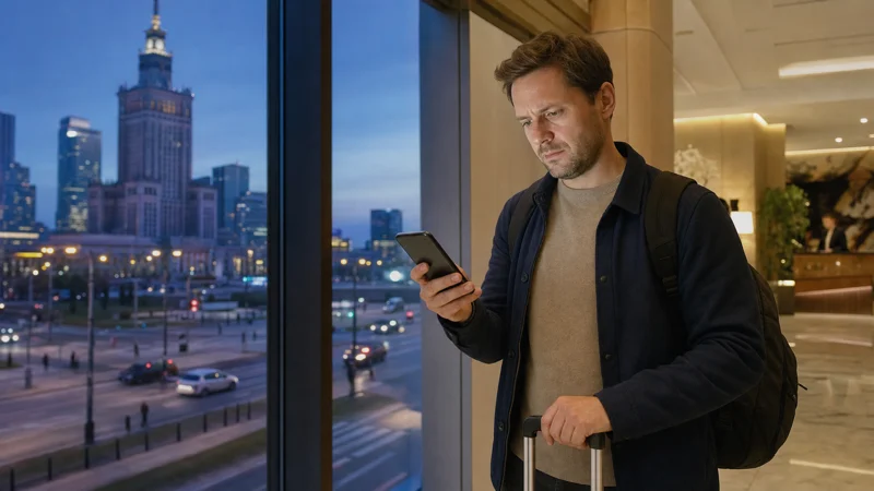 Traveller checking roaming information after arriving in Warsaw Poland.