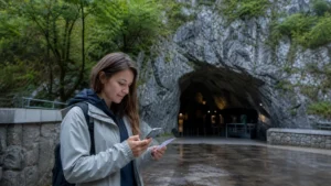 Visitor checking mobile tickets outside Postojna Cave.