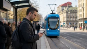 Traveller using a public transport app at a Zagreb tram stop.