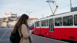 Traveller checking a public-transport route on a smartphone beside a Bratislava tram.
