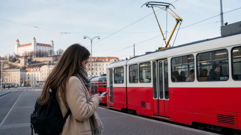 Traveller checking a public-transport route on a smartphone beside a Bratislava tram.