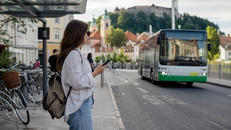 Traveller checking a public-transport app as a Ljubljana city bus approaches.