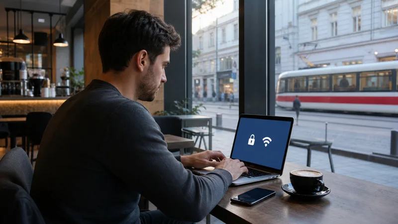 Traveller using secured public WiFi in a Brno cafe.