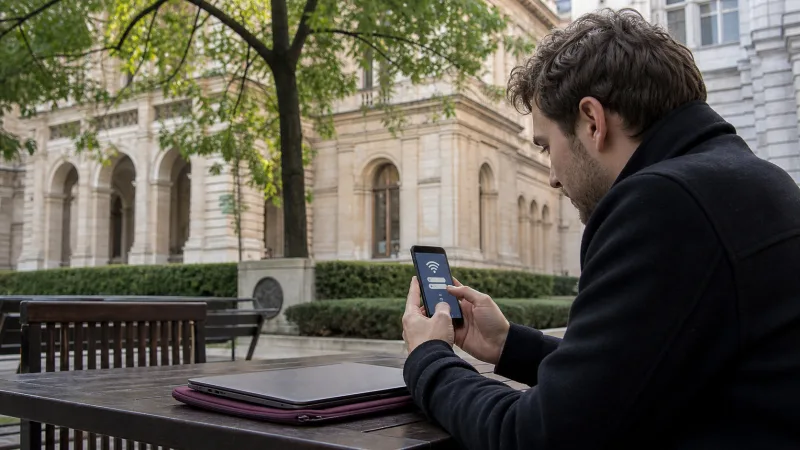 Traveller connecting safely to public WiFi in Budapest