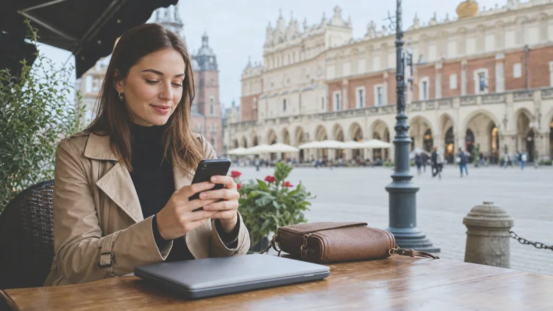 Traveller using public WiFi at a café in Kraków.
