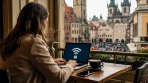 Traveller using secured public WiFi in a Prague cafe.