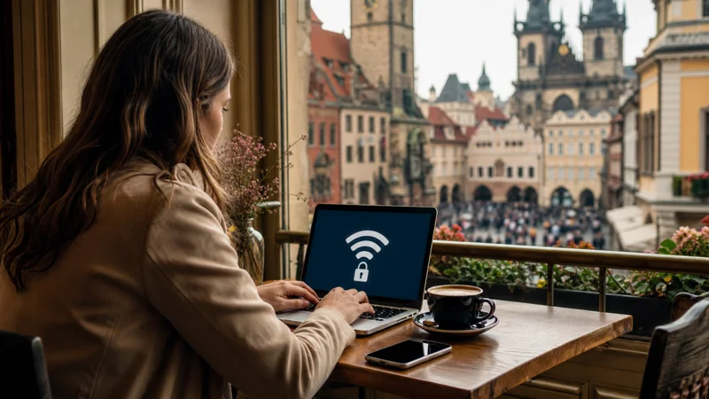 Traveller using secured public WiFi in a Prague cafe.
