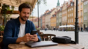 Traveller using public WiFi at a café in Warsaw.