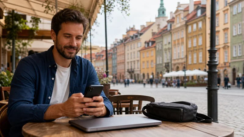 Traveller using public WiFi at a café in Warsaw.
