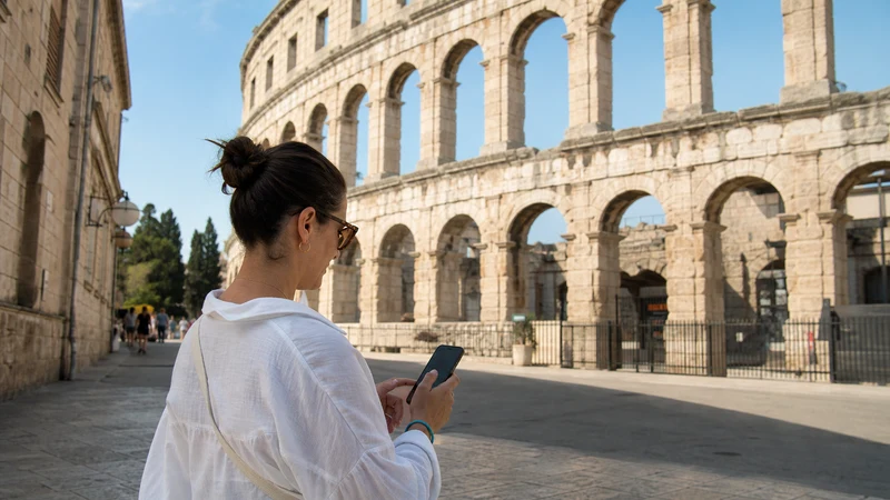 Traveller checking mobile data near the Pula Arena.