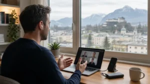 Remote worker using smartphone backup internet in Salzburg