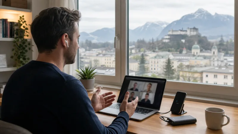 Remote worker using smartphone backup internet in Salzburg