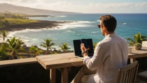 Remote worker using laptop and mobile internet beside the Atlantic Ocean in the Canary Islands