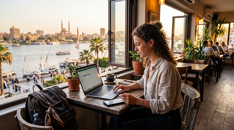 Remote worker using mobile internet while working from Egypt