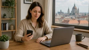 Remote worker using a laptop and smartphone in a bright Hungarian café