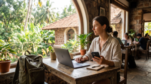 Remote worker using an India eSIM and laptop while working from India