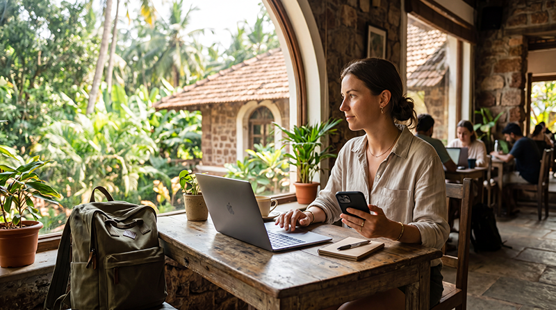 Remote worker using an India eSIM and laptop while working from India