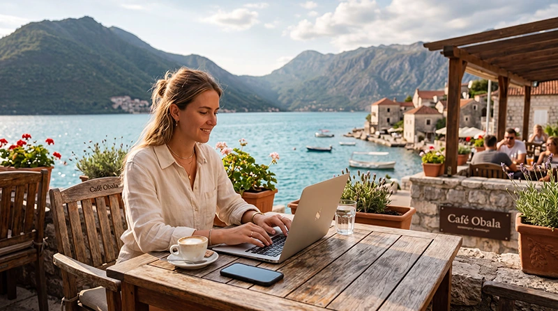 Remote worker using mobile internet while working from Montenegro