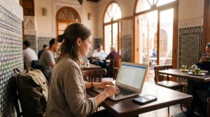 Remote worker using mobile internet and WiFi in Morocco