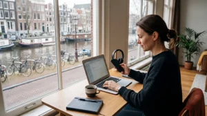 Remote worker using mobile internet while working from the Netherlands