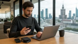 Remote worker using a laptop and smartphone in a Polish coworking space.
