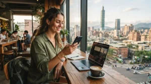 Digital nomad working remotely in Taiwan using mobile internet with an eSIM