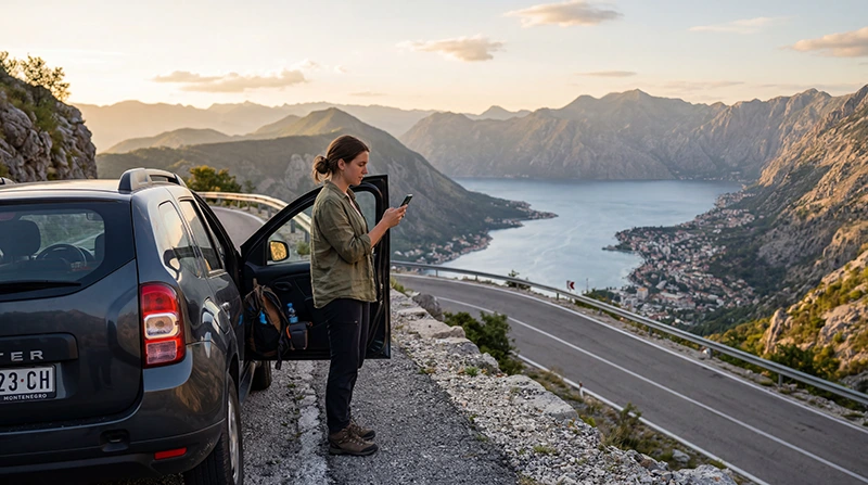 Traveler using mobile internet during a road trip in Montenegro