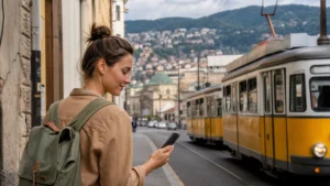 Traveller using a smartphone during roaming in bosnia and herzegovina for tourists in Bosnia and Herzegovina.