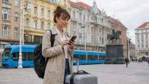 International traveller reviewing roaming settings beside a tram in central Zagreb.