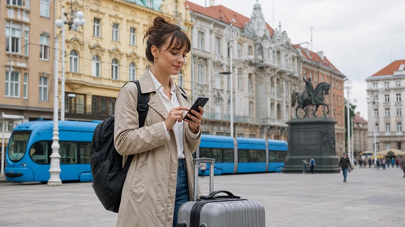 International traveller reviewing roaming settings beside a tram in central Zagreb.