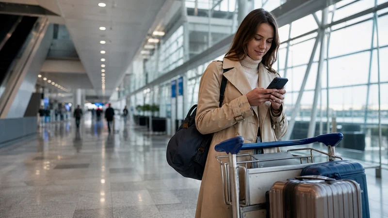 Traveller using a smartphone during sarajevo airport wifi and mobile internet guide in Bosnia and Herzegovina.