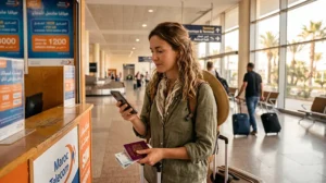 Tourist choosing a SIM card at Agadir Al Massira Airport